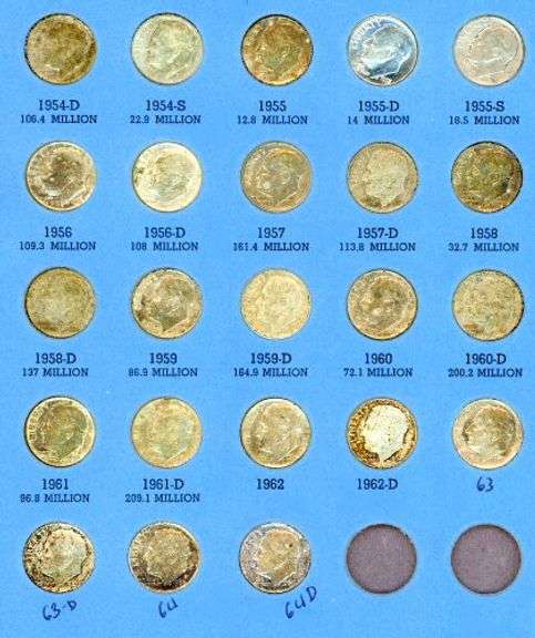 Complete Set of Silver Roosevelt Dimes in Album