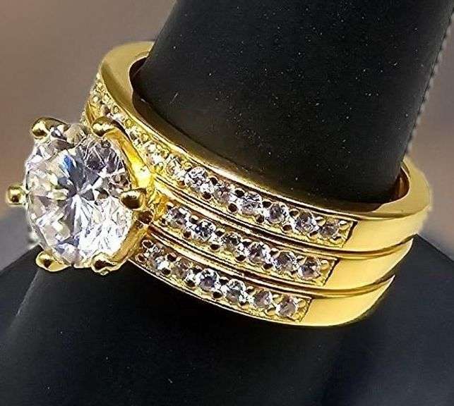 14 Kt Yellow Gold Plate 3 Band Stackable Lab Simulated Diamond Ring