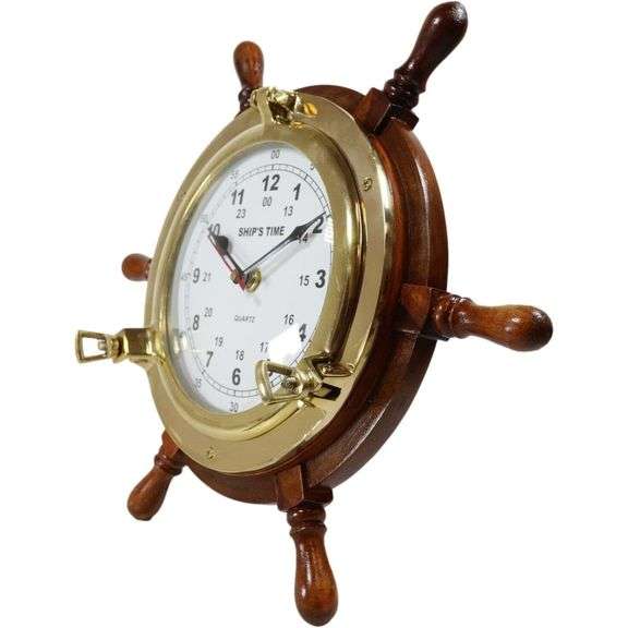 Nautical Wood & Brass Ship Wheel Clock