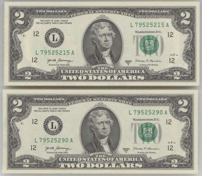 76 Gem CU 2017-A Series $2 Federal Reserve Notes in Sequence (L)