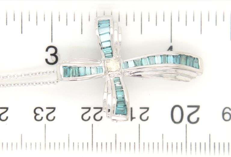 14kt White gold IR Teal and white diamond cross pendant on chain