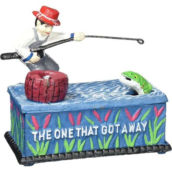 Fisherman Cast Iron Mechanical Coin Bank