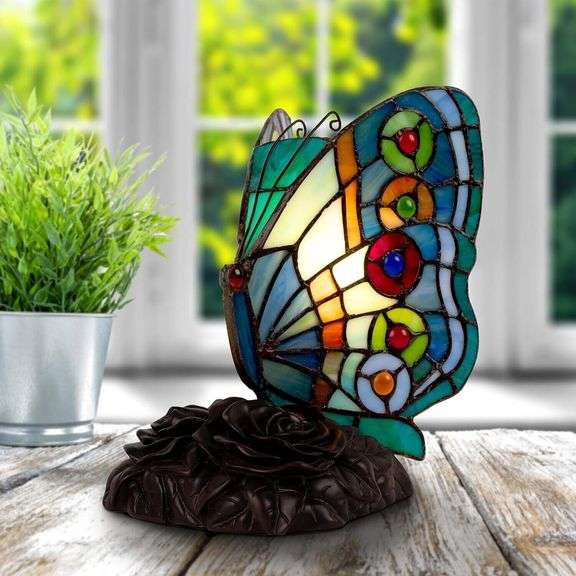 Handmade with 128 Stained Glass Butterfly Lamp