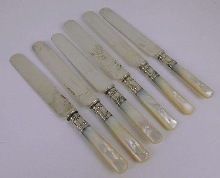6 Antique Mother of Pearl & Sterling Cuff Knives