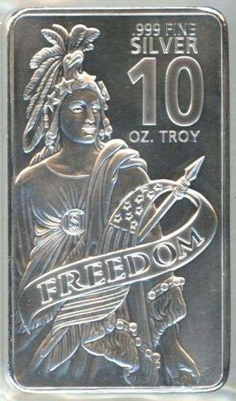 Great Freedom American Indian 10 Troy Oz pure .999 fine silver bar in plastic