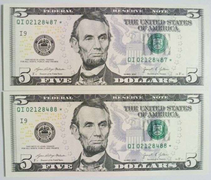 (2) Superb Crisp 2021 $5 Star Replacement Notes Minneapolis-Consecutive!