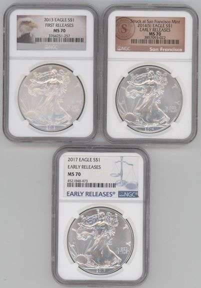 3 Diff. Perfect NGC MS70 graded American Silver Eagles 2013 to 2017