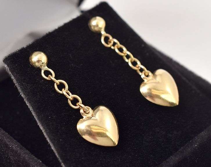 Lovely 14K Yellow Gold Heart Dangle Earrings