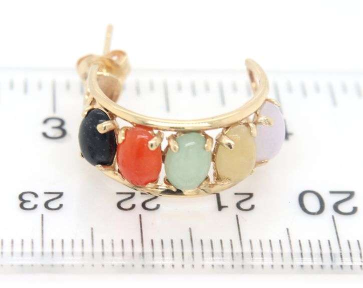 14kt Yellow gold multi Jade color hoop earrings