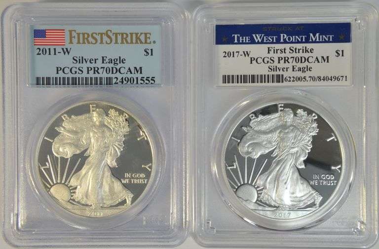 2 First Strike PCGS PR70DCAM graded 2011-W & 2017-W $1 Silver Eagles