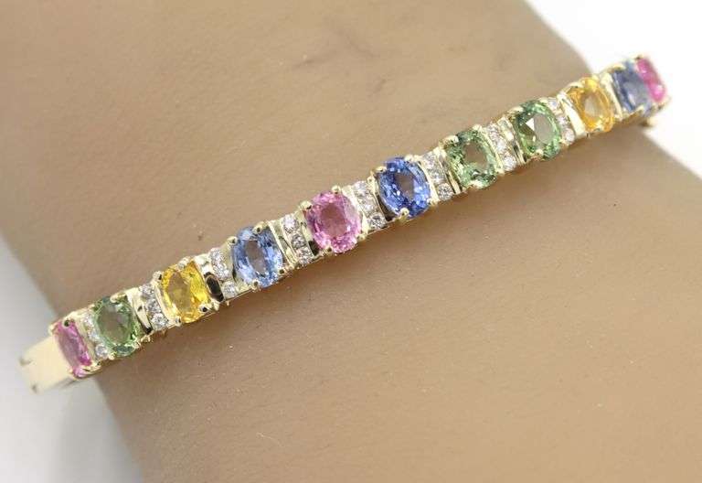 14kt Yellow gold 3.50ctw multi color sapphire and diamond bangle
