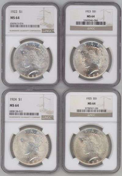 Great nearly Gem BU Peace Silver Dollars 1922 to 1925. NGC MS64