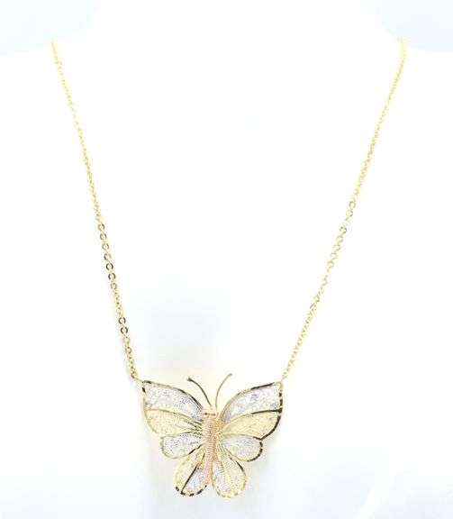 Delicate 14kt Tri-Color Gold Butterfly Pendant – A Symbol of Grace on a Yellow Gold Chain