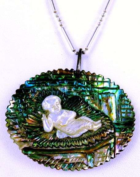 Vintage Carved Shell Baby Jesus Pendant & Sterling Chain