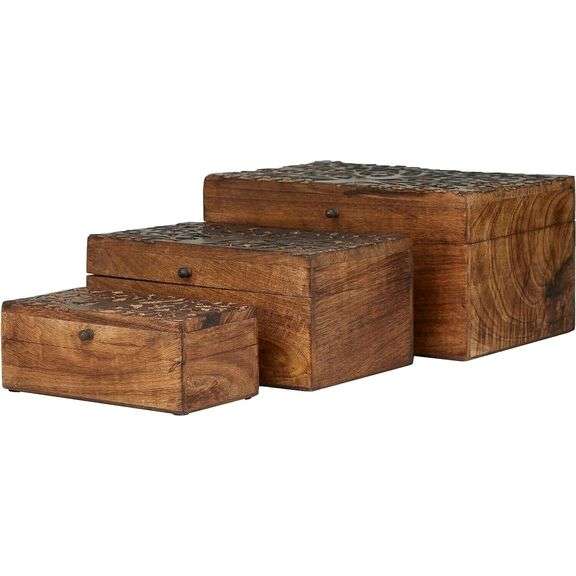 Rustic Mango Wood Floral Keepsake Boxes Set of 3