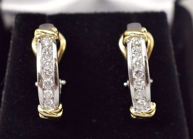 Tasteful Diamond J-Hoop Earrings in Two-Tone 14K Gold