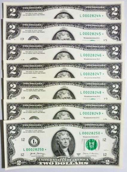 (7) Superb Crisp 2017A $2 Star Notes San Francisco-Consecutive Lower Serial Numbers!