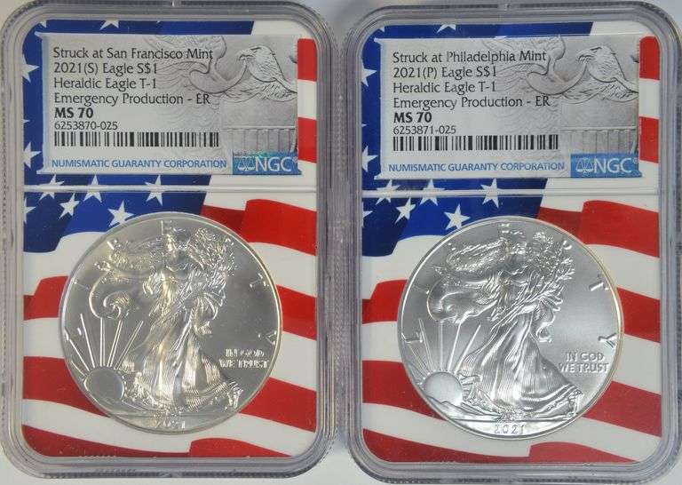 2 NGC MS70 special Emergency Production American Silver Eagles, 2021(P) & 2021(S)