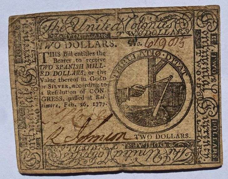 Sharp Feb 26 1777 Continental Currency $2 Note.