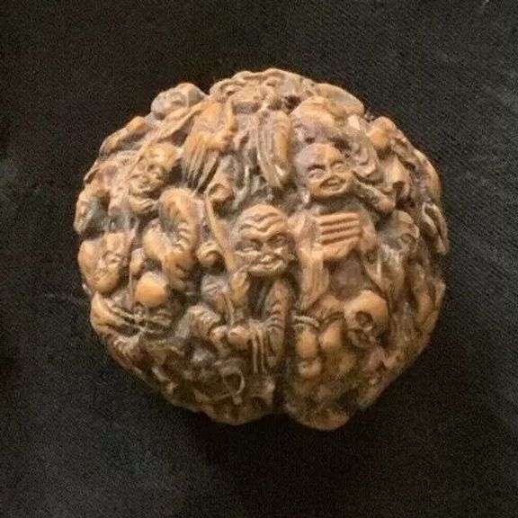 Antique Carved Walnut Shell Monks and Buddha with Dragon