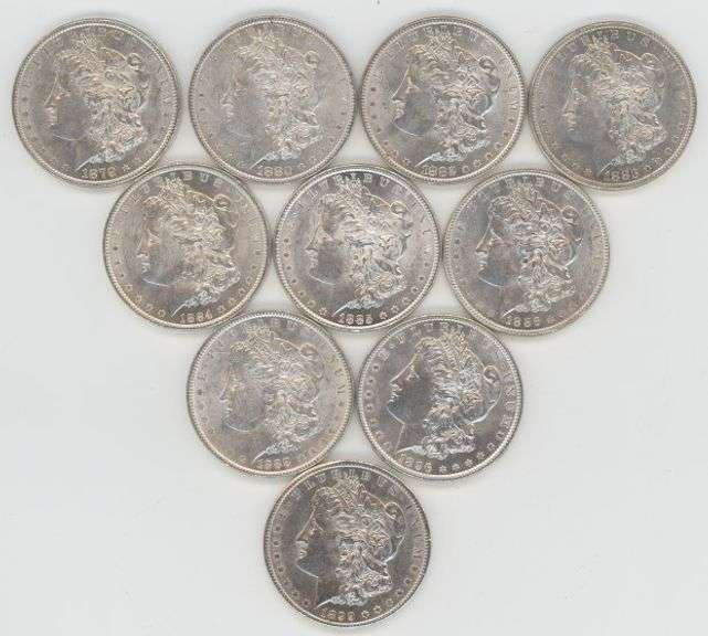 Ten (10) Diff Slider/BU Morgan Silver Dollars 1879 to 1899-O