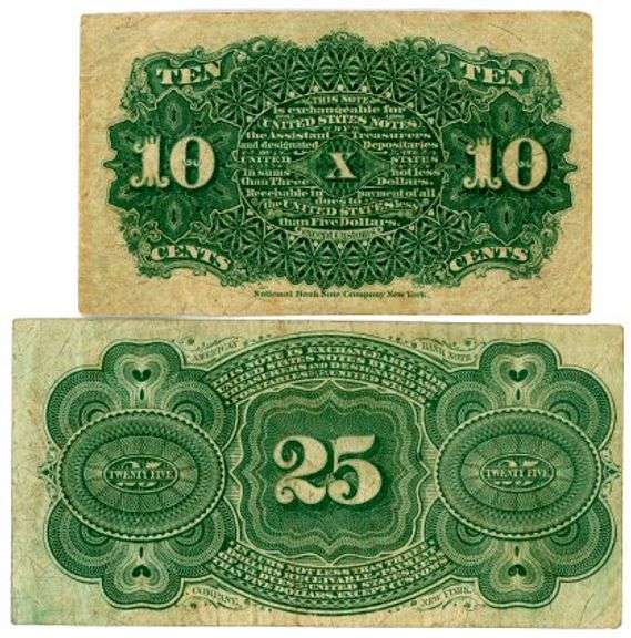 2 Different 4th Issue Fractional Currency Notes: 10¢ & 25¢