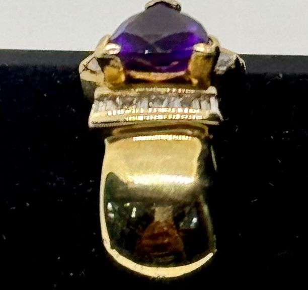 14K Yellow Gold Amethyst and Diamond Ring