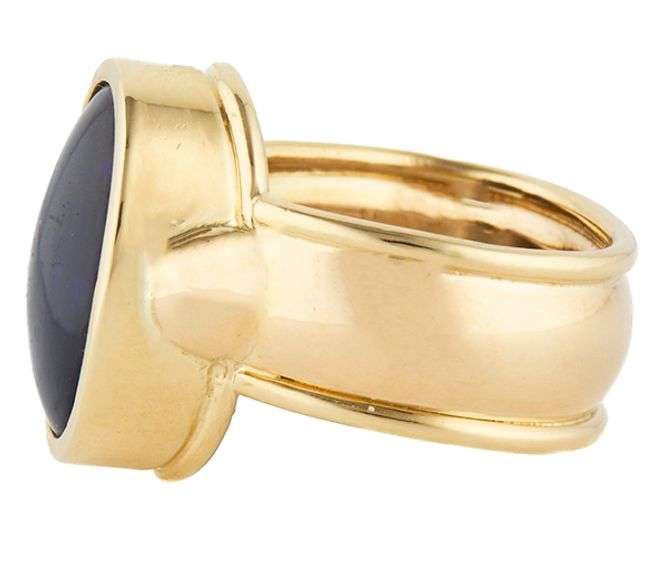Oval Blue Opal Cabochon Bezel Set Solitaire Ring in 18K