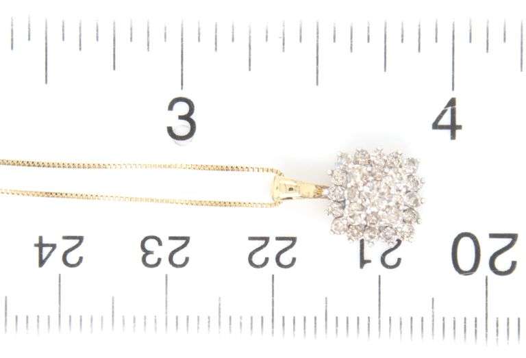 Set of 10kt Yellow gold diamond square cluster necklace and matching stud earrings
