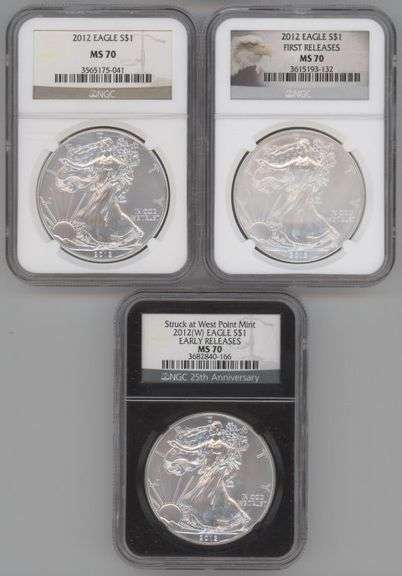 3 Diff. NGC MS70 graded American Silver Eagles from 2012