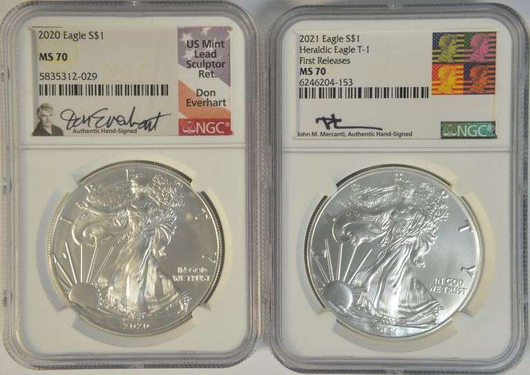 2 Hand-Signed NGC MS70 graded 2020 & 2021 American Silver Eagles