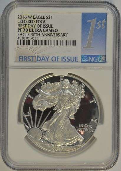 Flawless 2016-W PRF 1st Day of Issue Lettered Edge $1 Eagle. NGC PF UC