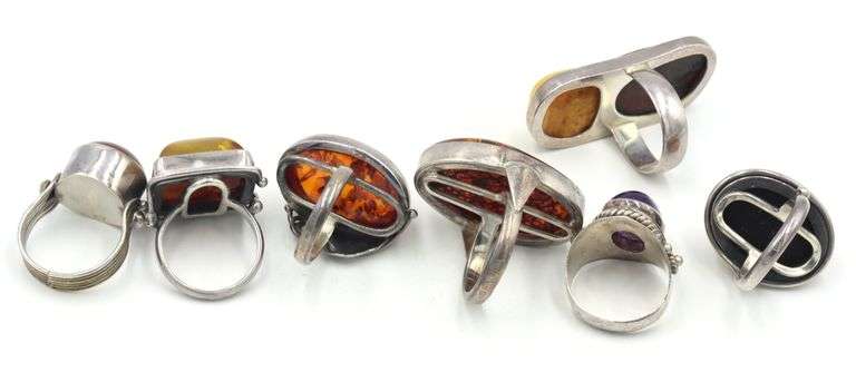 Group lot of Vintage 925 sterling silver Amber rings