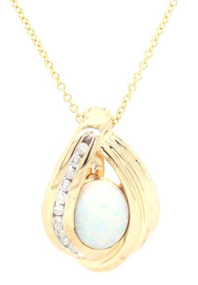 14kt Yellow gold oval opal and diamond enhancer pendant on chain