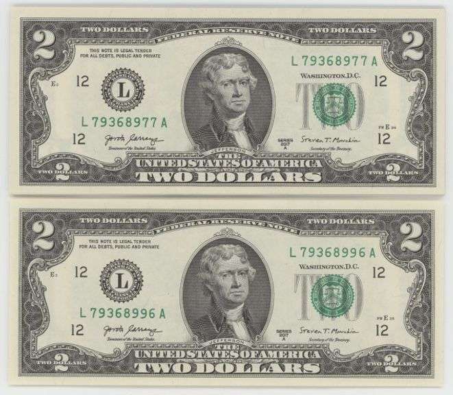 Gem CU run of 20 Series of 2017-A $2 Bills in sequence