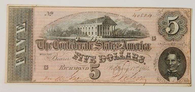 1864 $5 Dollar Confederate States of America Note, Circulated