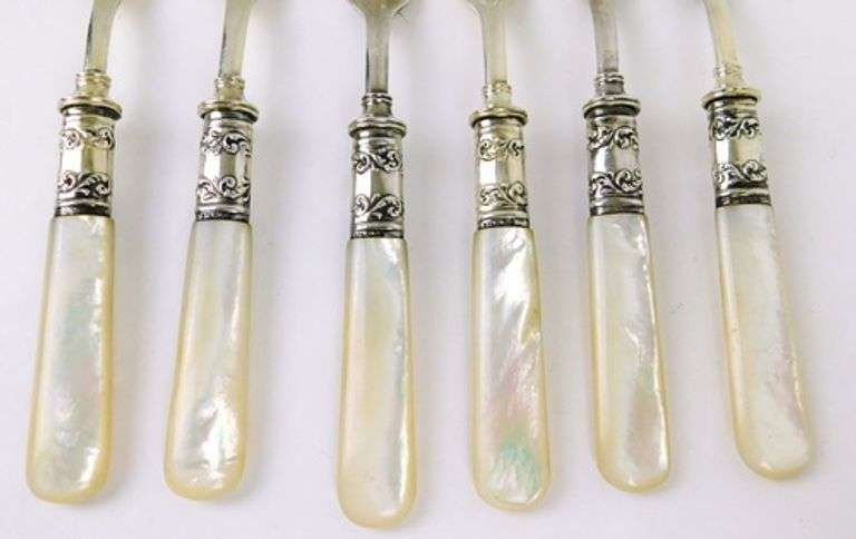 6 Antique Mother of Pearl & Sterling Forks