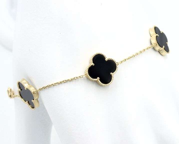Charming 14K Yellow Gold 5 Motif Black Onyx Bracelet