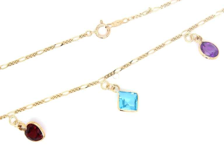 14kt Yellow gold bezel set multi gemstone station dangle necklace