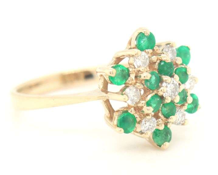 14kt Yellow gold emerald and diamond cluster flower ring