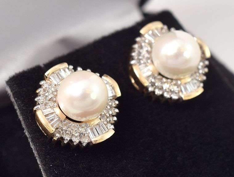 Sparkling 14K Yellow Gold Pearl and Diamond Stud Earrings