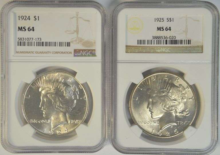 Nearly Gem BU 1924 & 1925 Peace Silver Dollars. NGC MS64's
