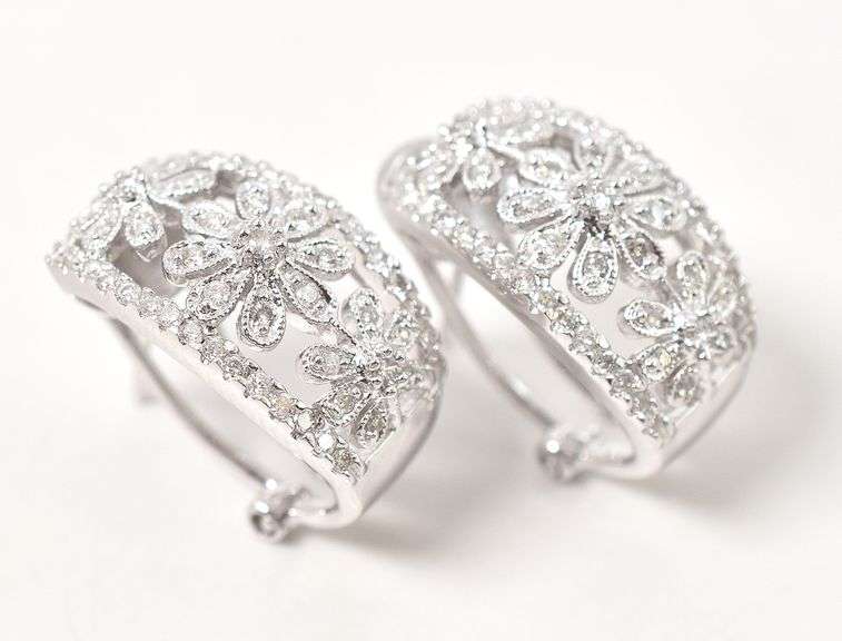 Dreamy Floral Diamond J-Hoop Earrings in 14K White Gold