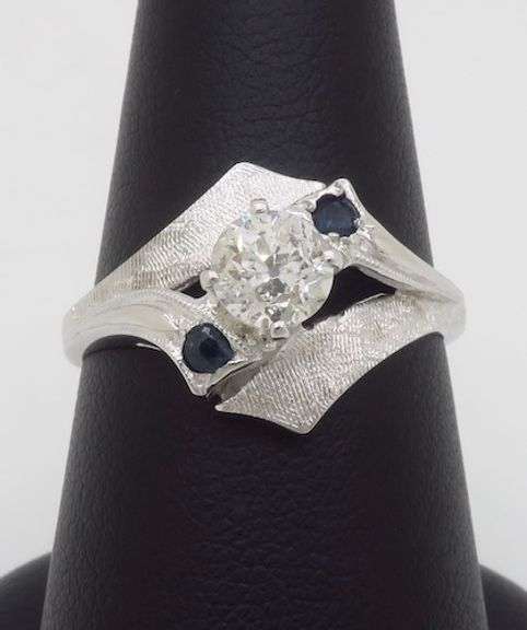 Vintage Diamond & Blue Sapphire Ring in 14k White Gold