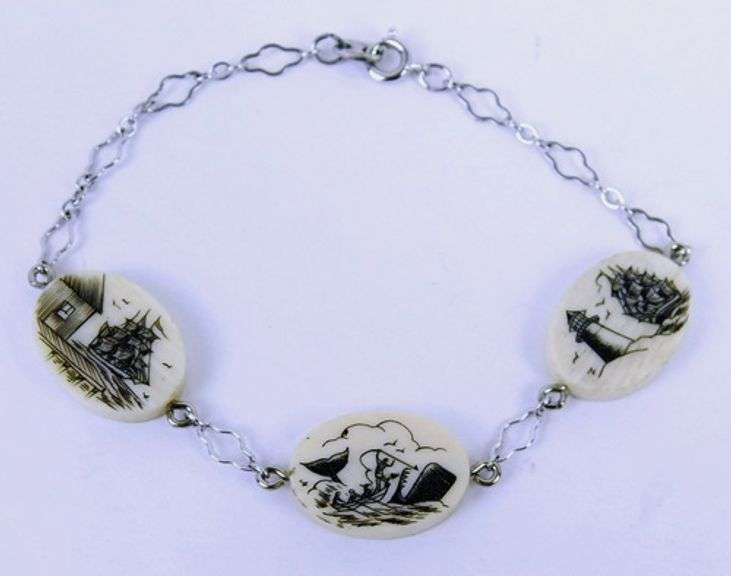 Vintage Sterling Silver Scrimshaw Bracelet