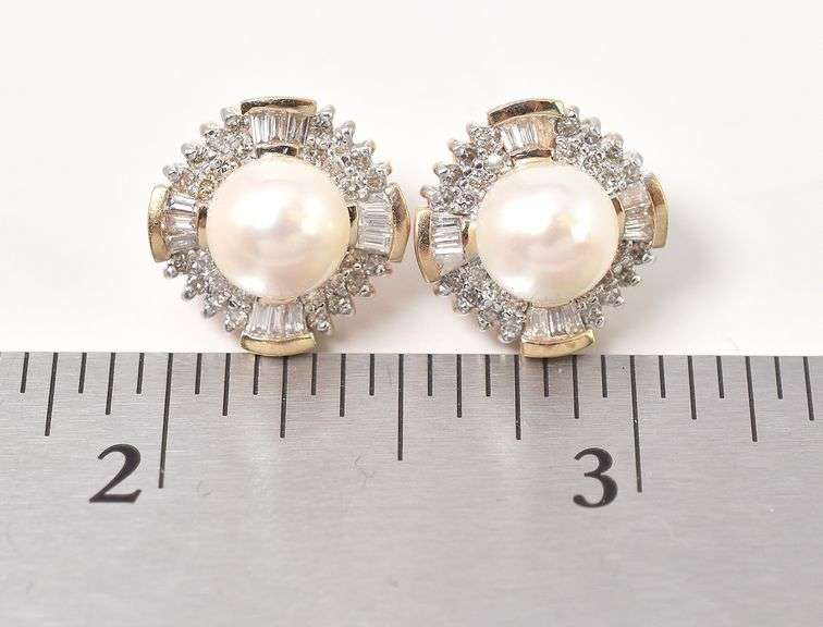 Sparkling 14K Yellow Gold Pearl and Diamond Stud Earrings