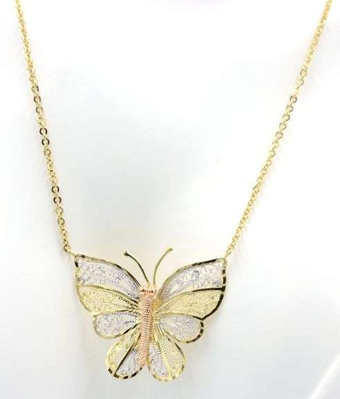 Delicate 14kt Tri-Color Gold Butterfly Pendant – A Symbol of Grace on a Yellow Gold Chain