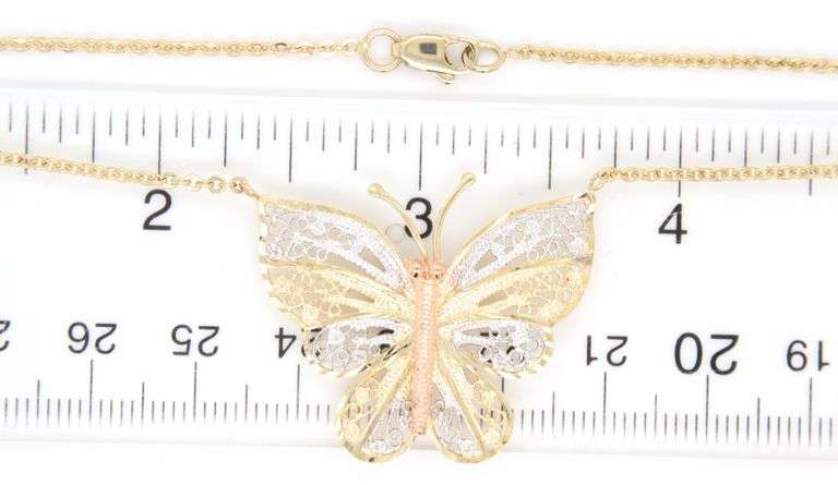 Delicate 14kt Tri-Color Gold Butterfly Pendant – A Symbol of Grace on a Yellow Gold Chain