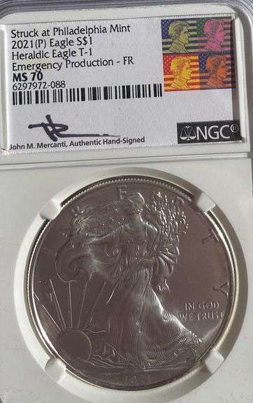 Mercanti Signed 2021 Type 1 MS 70 Silver Eagle. NGC