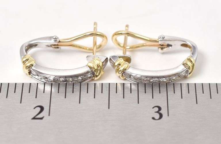 Tasteful Diamond J-Hoop Earrings in Two-Tone 14K Gold